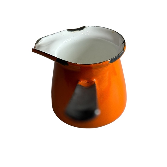 Vintage Enamelware Melting Pot Orange White Distressed 2.4”x2.4” Handle is 4.7” - Picture 4 of 10